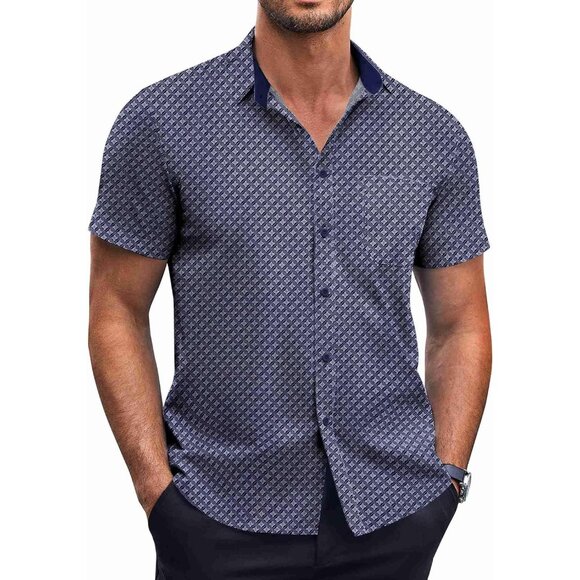 Blue windmill Men Short Sleeve Button Down Wrinkle Free Polka Dot Print Shirt - Picture 1 of 5